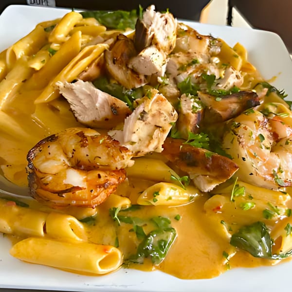 Penne pasta with creamy sauce, grilled chicken, shrimp, and fresh parsley on a white plate.