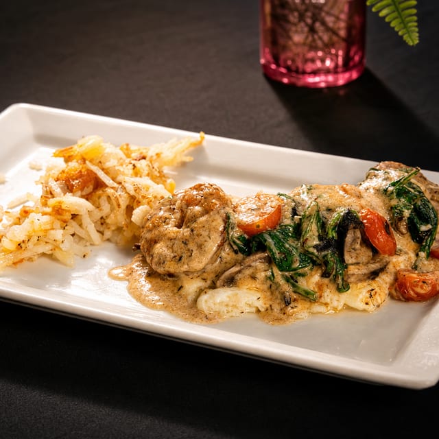Jerk Shrimp Alfredo Omelet (Deconstructed).